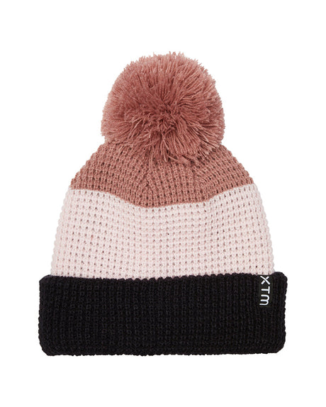 Rose Dust XTM Kids Trifle beanie, dusty pink pom pom over pale pink waffle knit and black cuff