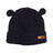 XTM Bugaboo infant beanie in Navy rib knit with little ears on top, folded hem and tan leather badge