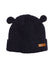 XTM Bugaboo infant beanie in Navy rib knit with little ears on top, folded hem and tan leather badge