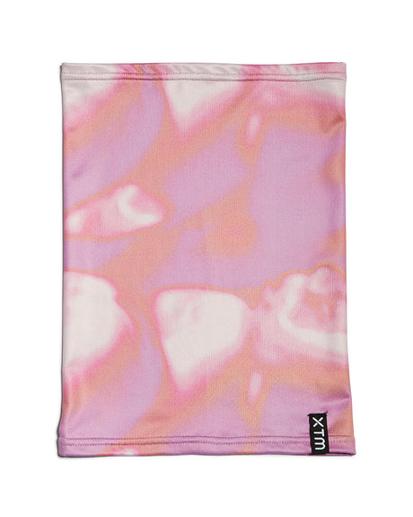 XTM Kids Tempo neck tube in Aurora Lavender, a pink and lilac swirl print, laid flat