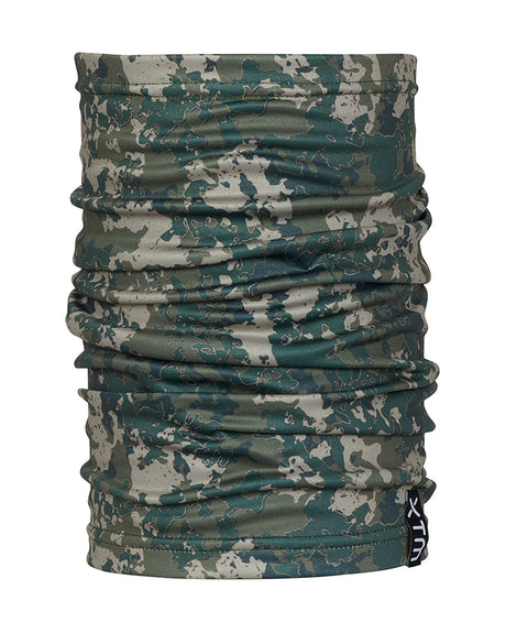 XTM Kids Tempo neck tube in Kalamata Lichen green camo print, bunched as worn