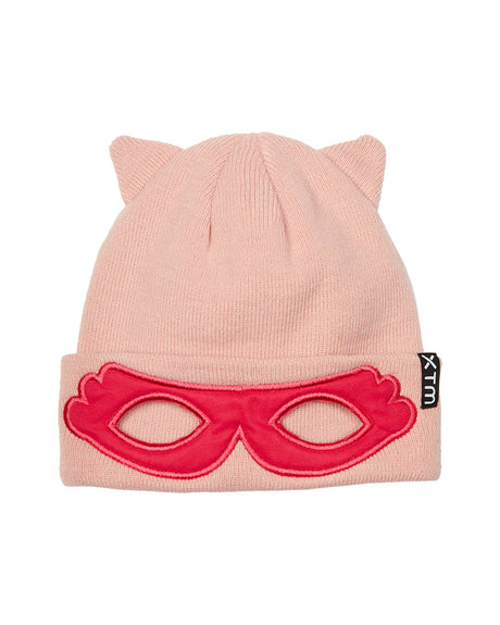 Powder Pink XTM Kids Masked Beanie with cat ears and a hot pink mask design on the rolled cuff