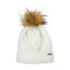 XTM Shea women's beanie in White, cable knit with ribbed cuff, metal logo badge and brown faux fur pom pom