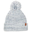 XTM Flurry women's pom pom beanie in Indigo, white chunky knit flecked with blue, folded cuff with leather label