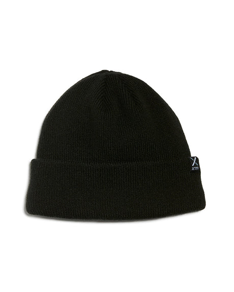 Black XTM Men's Woodie fleece-lined beanie, front view with roll-up hem and side label