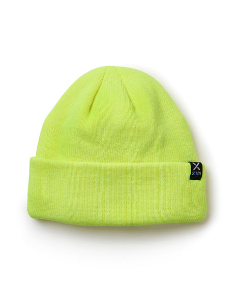 Fluoro Yellow XTM Men's Woodie beanie, bright knit with roll-up cuff and black XTM label