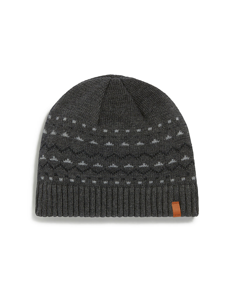 Dark Grey Marle XTM Men's August knit beanie with light grey patterned bands and leather clamp label