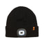 Black XTM Blinder II headlight beanie, front view with LED light unit and leather label on the cuff
