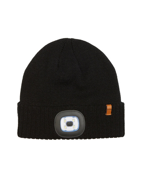 Black XTM Blinder II headlight beanie, front view with LED light unit and leather label on the cuff