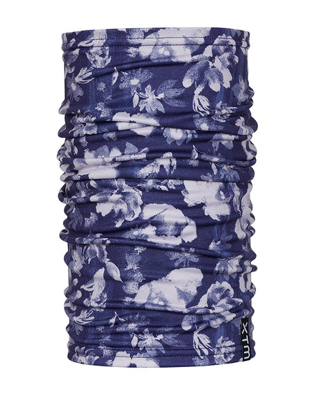 XTM Tempo neck tube in Flowerfields, deep navy with a white and lilac floral print, standing upright