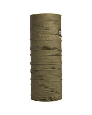 XTM Scenic neck tube in Kalamata Contour olive green, showing the breathing holes and XTM label