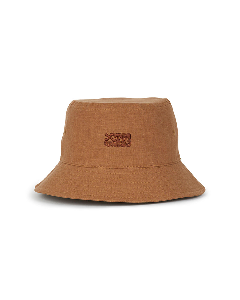 XTM Sundew bucket hat in Woodsmoke tan with a tonal embroidered XTM logo, product shot