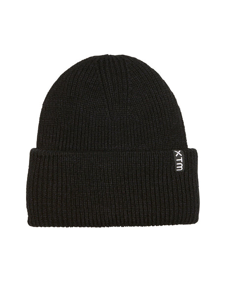 Black XTM Avery beanie with roll-up hem and small woven label on the cuff
