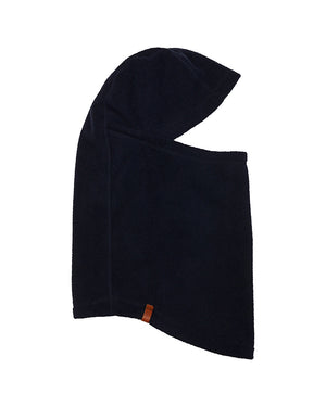 Navy XTM Nano II microfleece balaclava laid flat in side profile with tan woven label at the hem