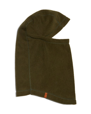 Evergreen XTM Nano II recycled microfleece balaclava, olive green, side view showing the hinge opening
