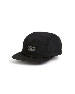 XTM Alpine Puffer Cap in Black, front three-quarter view showing quilted panels and embroidered XTM Performance logo