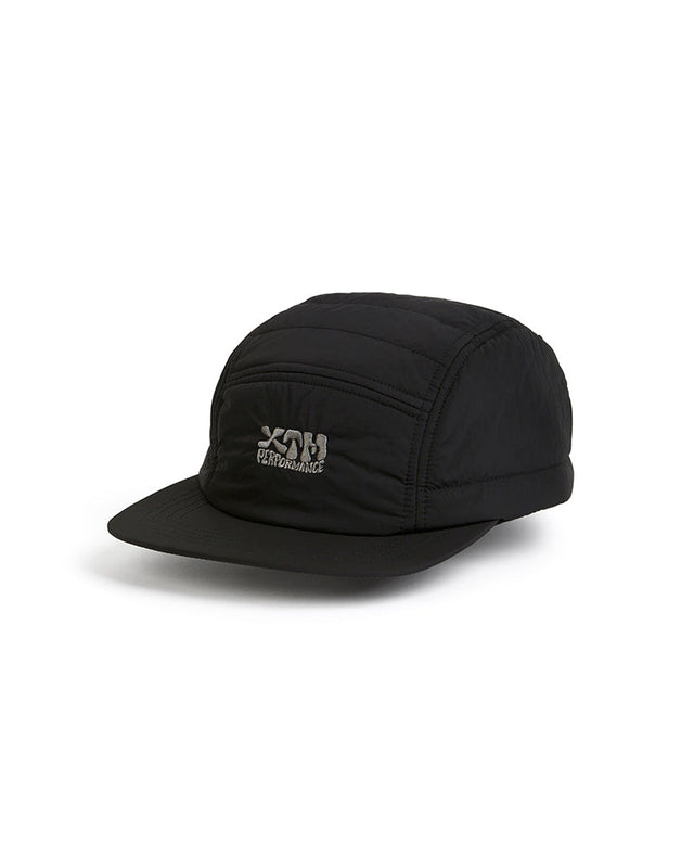 XTM Alpine Puffer Cap in Black, front three-quarter view showing quilted panels and embroidered XTM Performance logo