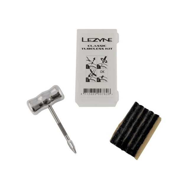 Lezyne Classic Tubeless Kit: clear case, aluminium T-handle reamer tool and five black tyre plugs