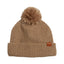 Taupe XTM Dandy merino wool blend beanie with matching yarn pom pom, folded cuff and leather badge