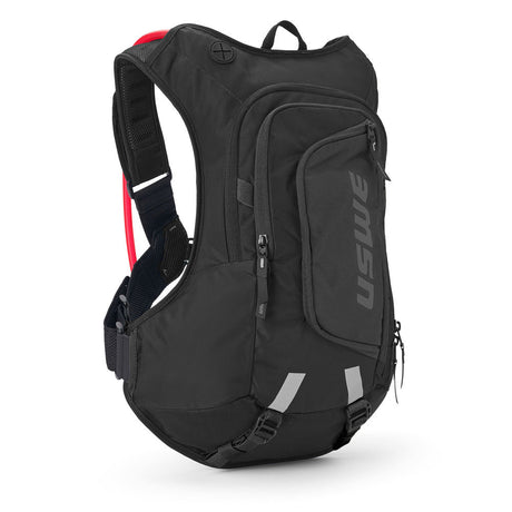 USWE Moto Hydro 12L hydration pack in all black, front three-quarter view