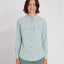 Woman in the Jade XTM Cumberland long sleeve hike shirt, front view with two button chest pockets