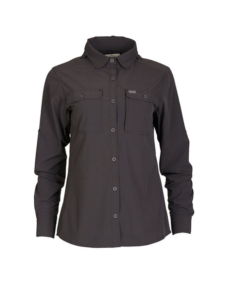 Pavement charcoal XTM Cumberland long sleeve shirt on its own, front view with chest pockets