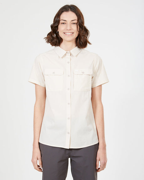 Sand XTM Cumberland short sleeve hiking shirt worn buttoned, front view