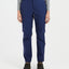 Woman wearing XTM Lara hiking pants in Naval Blue, front view with button fly and hiking shoes
