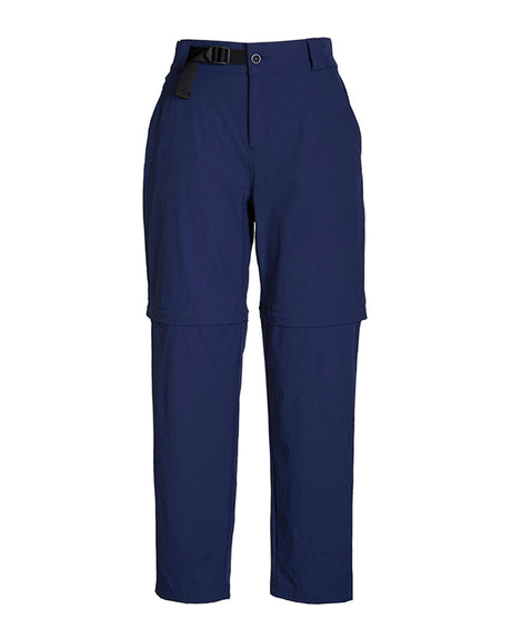 XTM Wye River zip-off hiking pant in Naval Blue laid flat, full length with belt and knee zip seam
