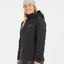 Woman wearing XTM WoolxLoft Micron insulated jacket in Black with hood down, three-quarter view