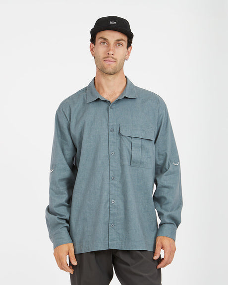Man in a black cap wearing the XTM Messmate hemp blend shirt in Basalt, front view