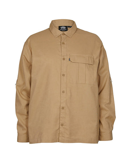 XTM Messmate men's hemp blend long sleeve shirt in Dune on its own, front view