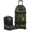 OGIO Rig 9800 Pro wheeled gear bag in Woody camo with telescopic handle up, beside its black MX boot bag
