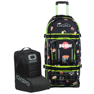 OGIO Rig 9800 Pro in Sushi print with green trim, next to the black MX boot bag