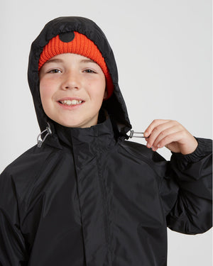 Close-up of the XTM Kids Stash 2L rain jacket hood in Black, toggle pulled to tighten it