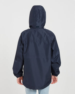Back view of the XTM Kids Stash 2L packable rain jacket in Patriot Blue, hood up