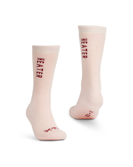 Pair of XTM Kids Heater thick Merino socks in Soft Pink with burgundy HEATER lettering