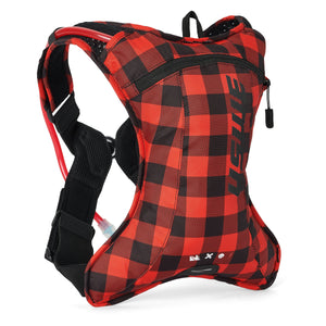 USWE Outlander XC 2L in Flannel Red/Black check, angled front view with drink tube