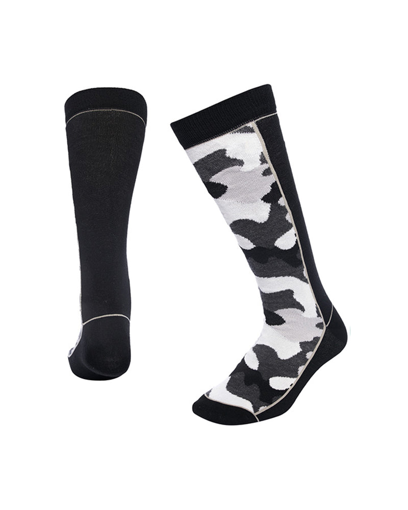 Pair of XTM Trooper socks in Black Camo, plain black back and white and grey camo front