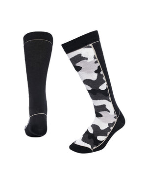 Pair of XTM Trooper socks in Black Camo, plain black back and white and grey camo front