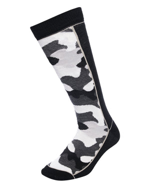 XTM Trooper merino blend sock in Black Camo, side view of the camouflage panel