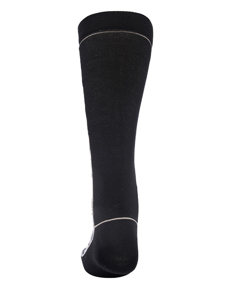Back view of the XTM Trooper sock in Black Camo, plain black with a fine white line