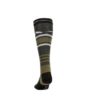 Back view of the XTM Trooper sock in Dark Grey Marle with olive stripes