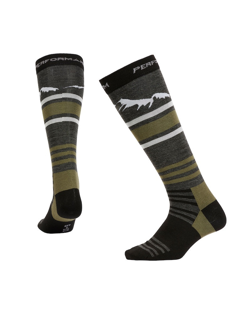 Pair of XTM Trooper socks in Dark Grey Marle with olive and white stripes and a mountain-ridge band
