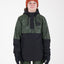 Boy wearing the Snowgum XTM Kids Riley Ski Jacket Anorak, green camo top and black body, front view