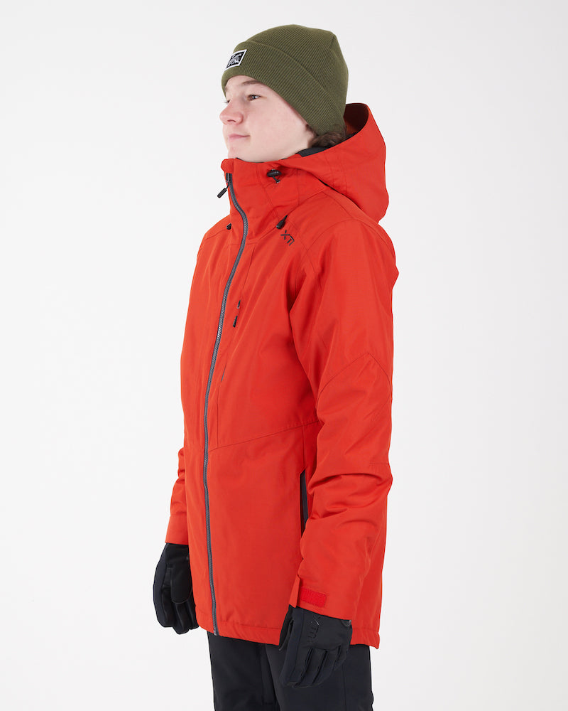 Side view of the Lava XTM Kids Titanium III Snow Jacket showing the hood and stretch sleeves