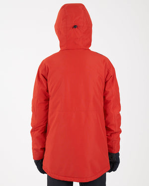 Back view of the Lava XTM Kids Titanium III Snow Jacket worn with the hood fully up and the hood adjuster visible