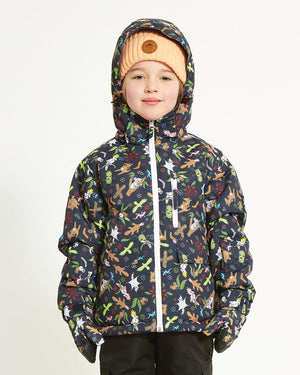 Child wearing the Woodland Navy XTM Kids Yama Snow Jacket with the hood up, front view, white zip