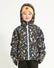 Child wearing the Woodland Navy XTM Kids Yama Snow Jacket with the hood up, front view, white zip