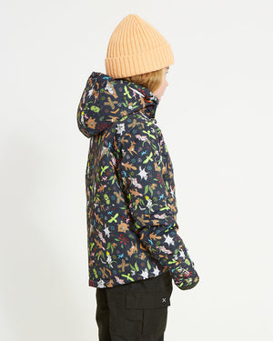 Side view of the Woodland Navy XTM Kids Yama Snow Jacket with the hood down behind the neck